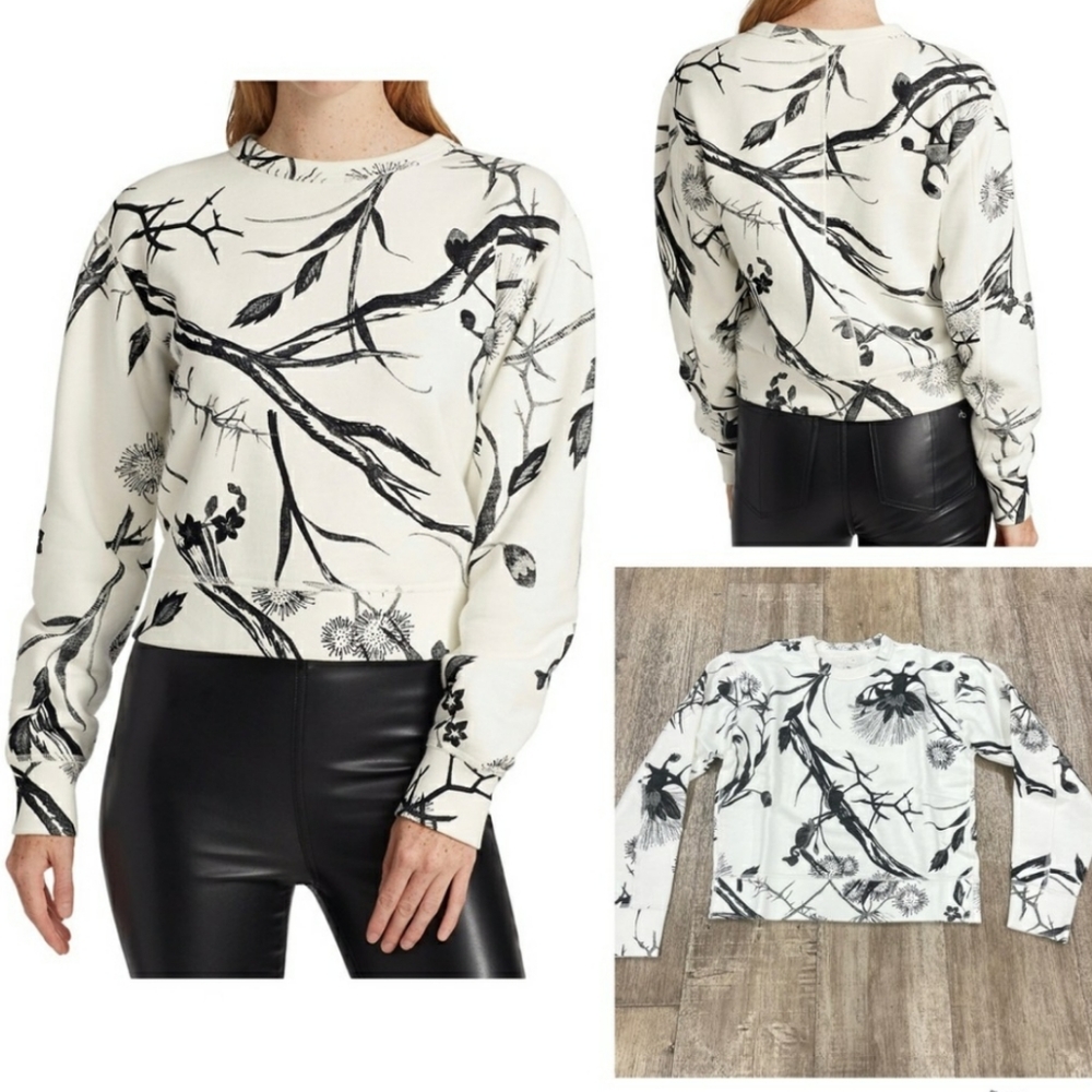 Rag & Bone Floral Long Sleeve Crew Neck Sweatshirt Black White nwt